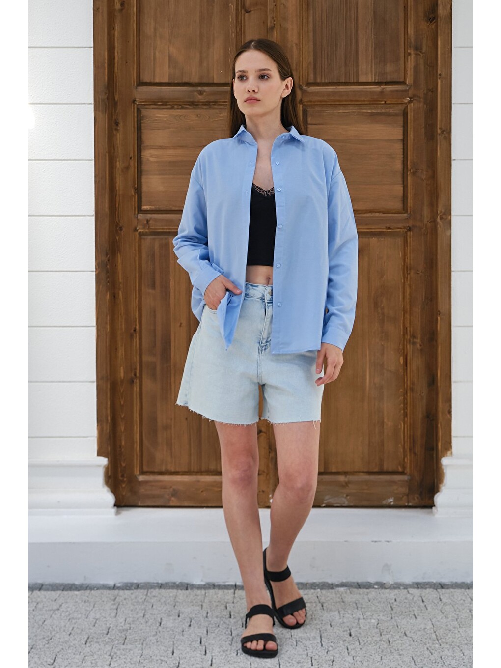 Mavi Kadın Oversize Gömlek Uzun Kollu Düğmeli Salaş Günlük Basic Gömlek-5