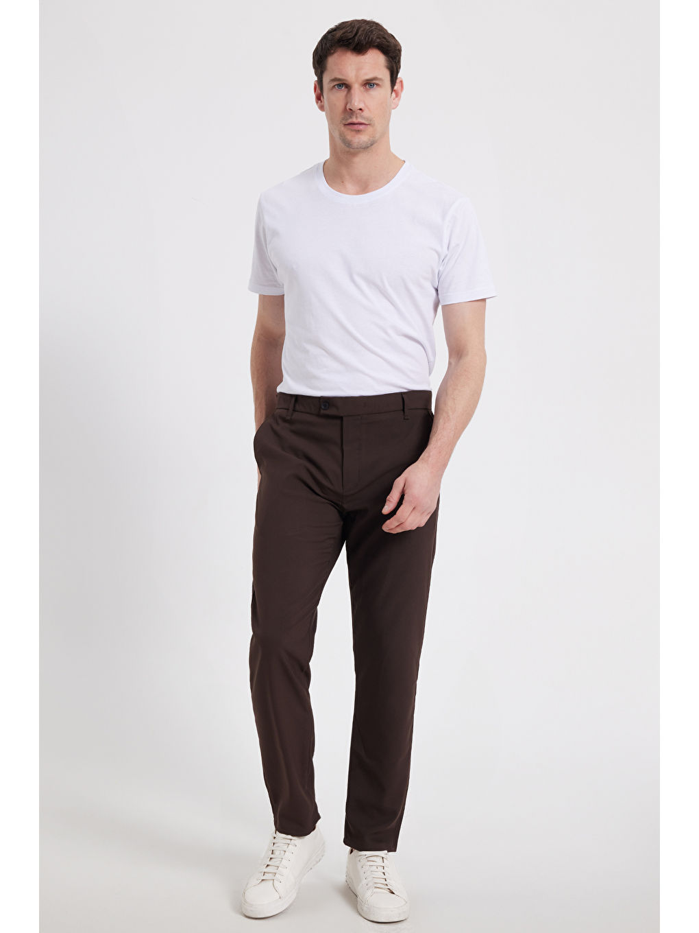 Erkek Slim Fit Dar Kesim Esnek Yan Cepli Bilek Boy Canvas Kesim Kahverengi Pantolon-1