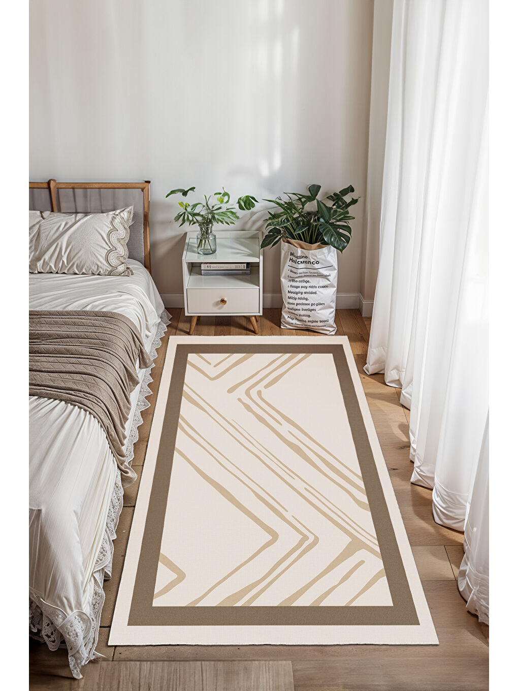 Bej Dekoratif Salon Halısı, Makinada Yıkanabilir, Kaymaz Taban, İnce & Modern Tasarım-3