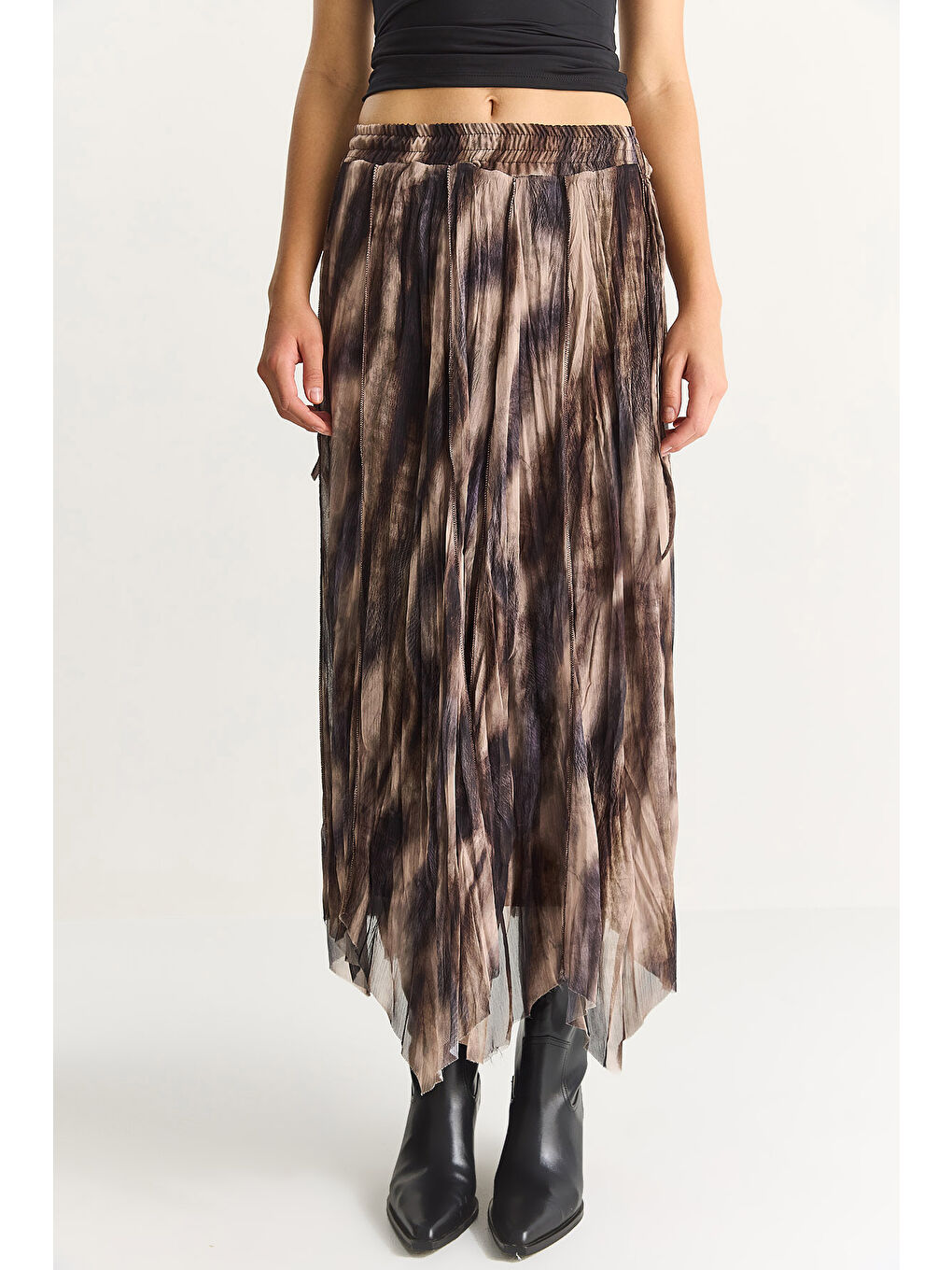 Kahverengi Kadın Desenli Asimetrik Kesim Astarlı Şifon Bohem Etek DE-5