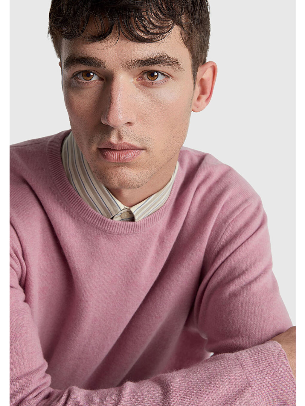 Erkek Koyu Pembe %100 Merino Bisiklet Yaka Kazak-5