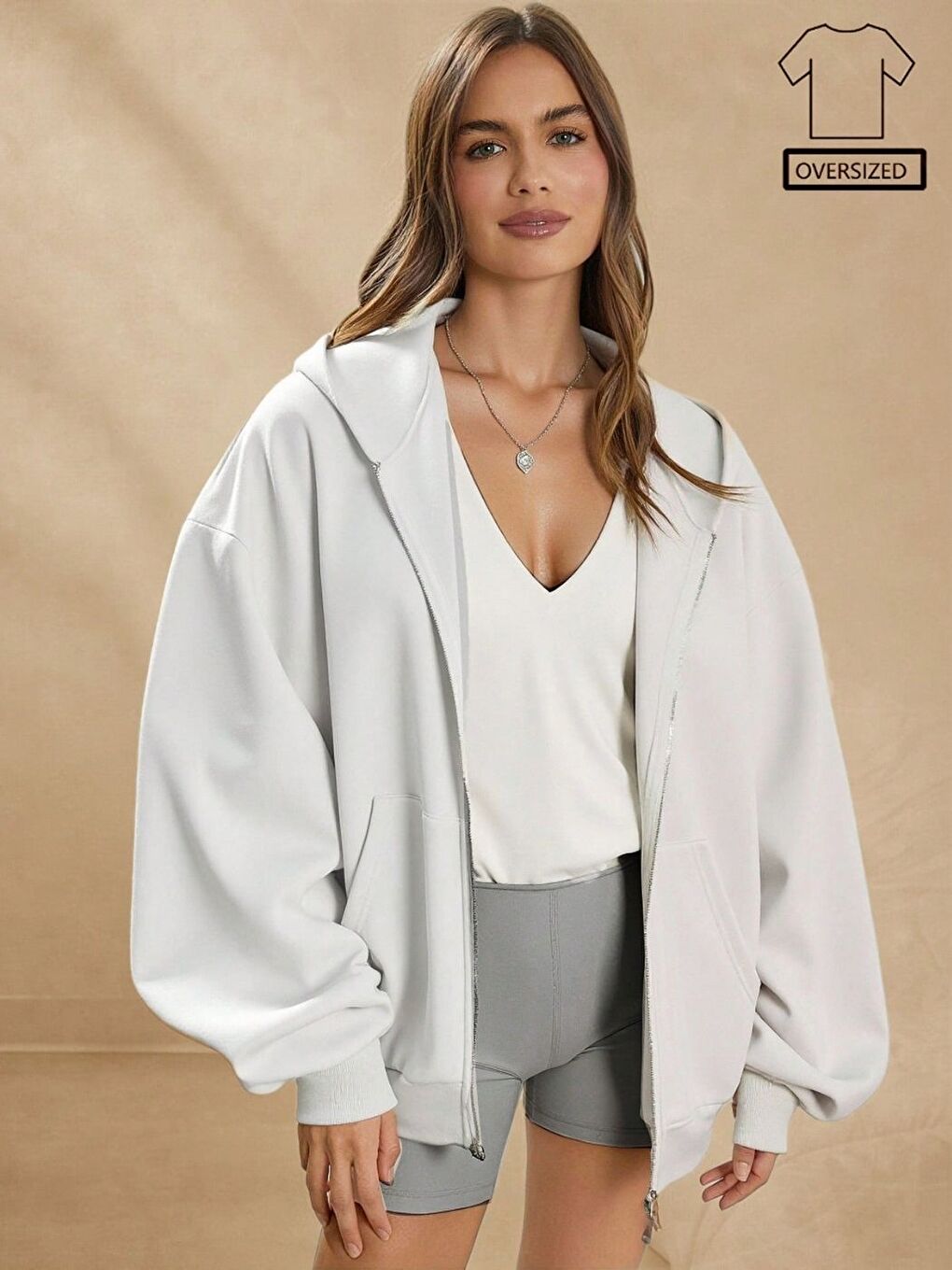 Kadın Beyaz Fermuarlı Rahat Kalıp Hırka Sweat
