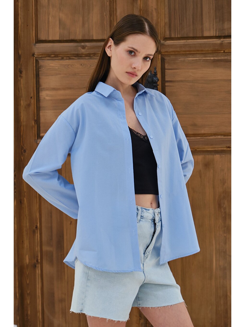 Mavi Kadın Oversize Gömlek Uzun Kollu Düğmeli Salaş Günlük Basic Gömlek-6