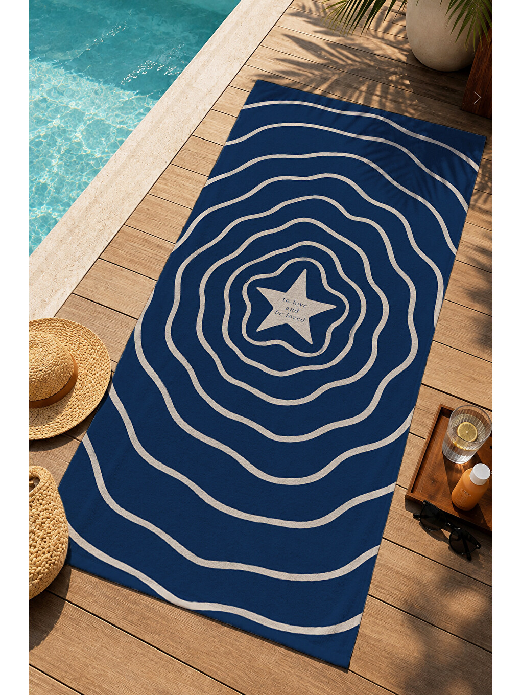 Denizci Lacivert Kontur Yıldızlı Geometrik Desenli 70x150 Plaj Havlusu - Pamuklu Banyo Havlusu
