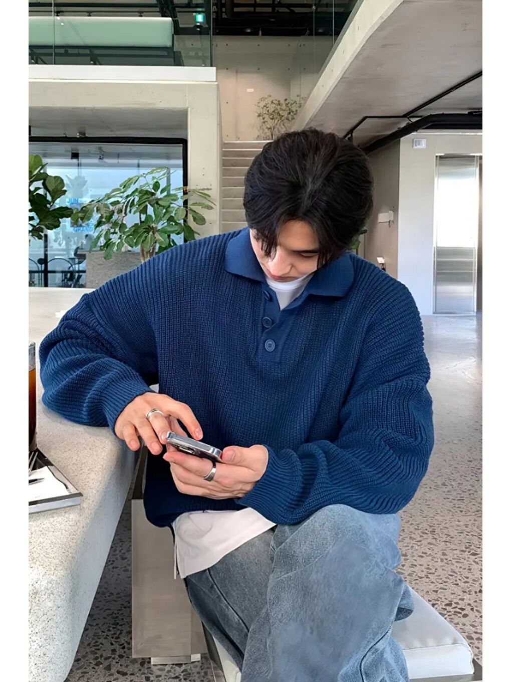 Lacivert Erkek Düğmeli Regular Polo Yaka Triko Kazak-3