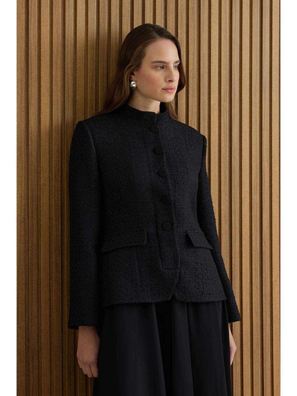 Siyah Tweed Ceket Görünümlü Crep Etekli Elbise-4