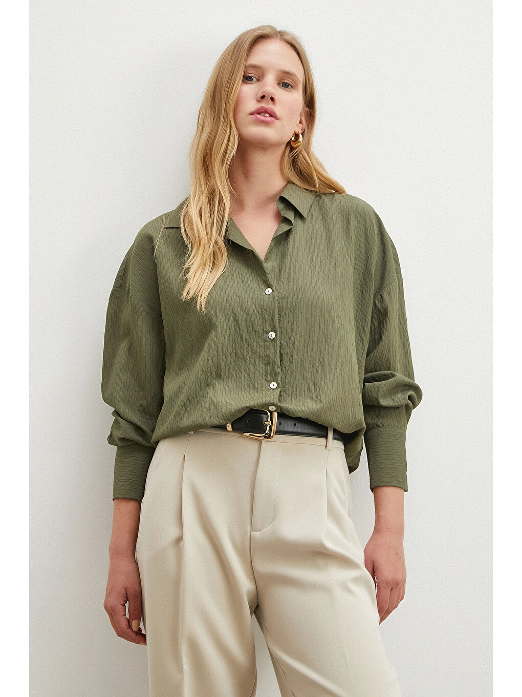 Çizgili Viskon Gömlek Haki-4