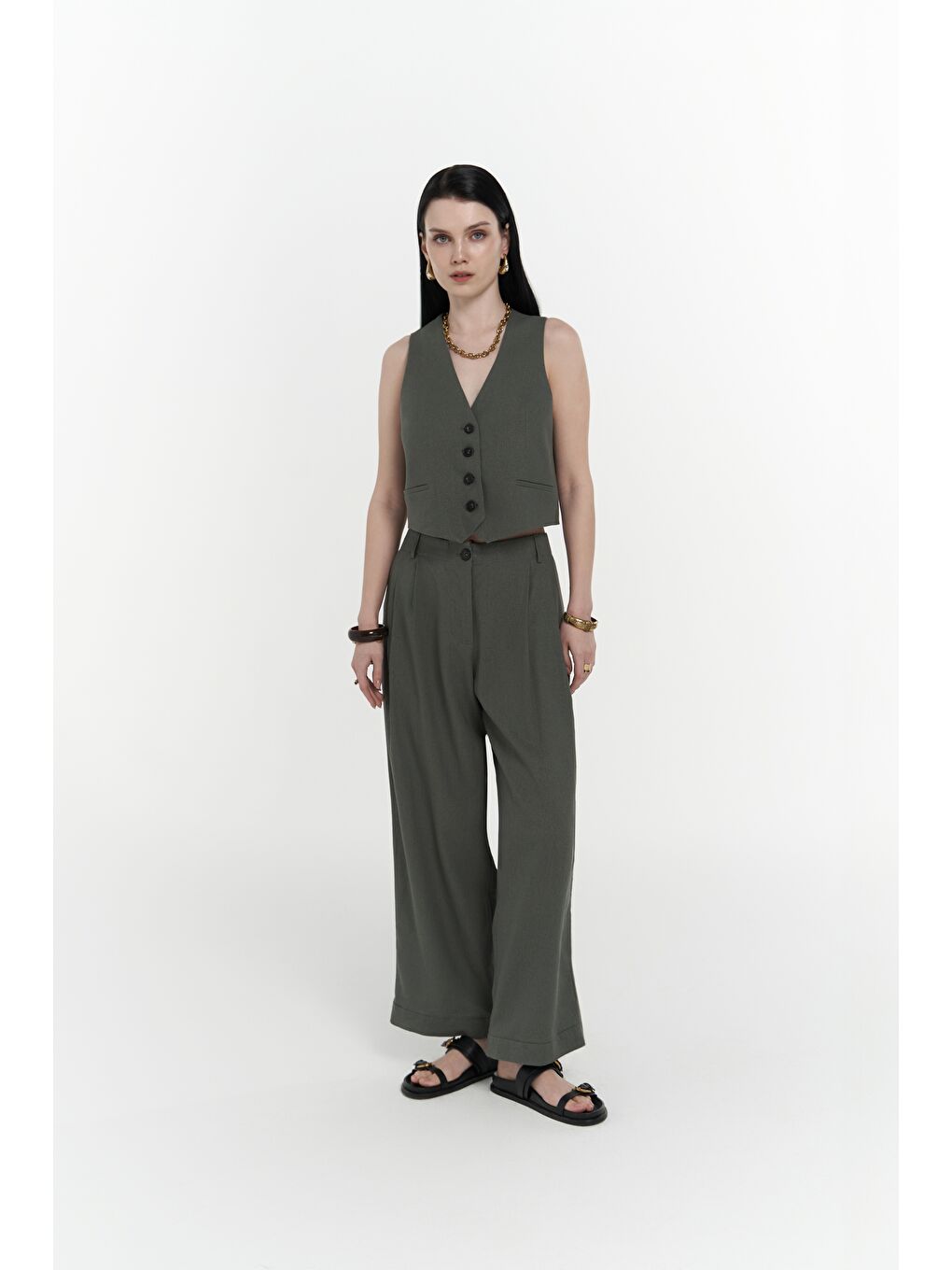 Anka Keten Yeşil Yelek Pantolon Takım-1