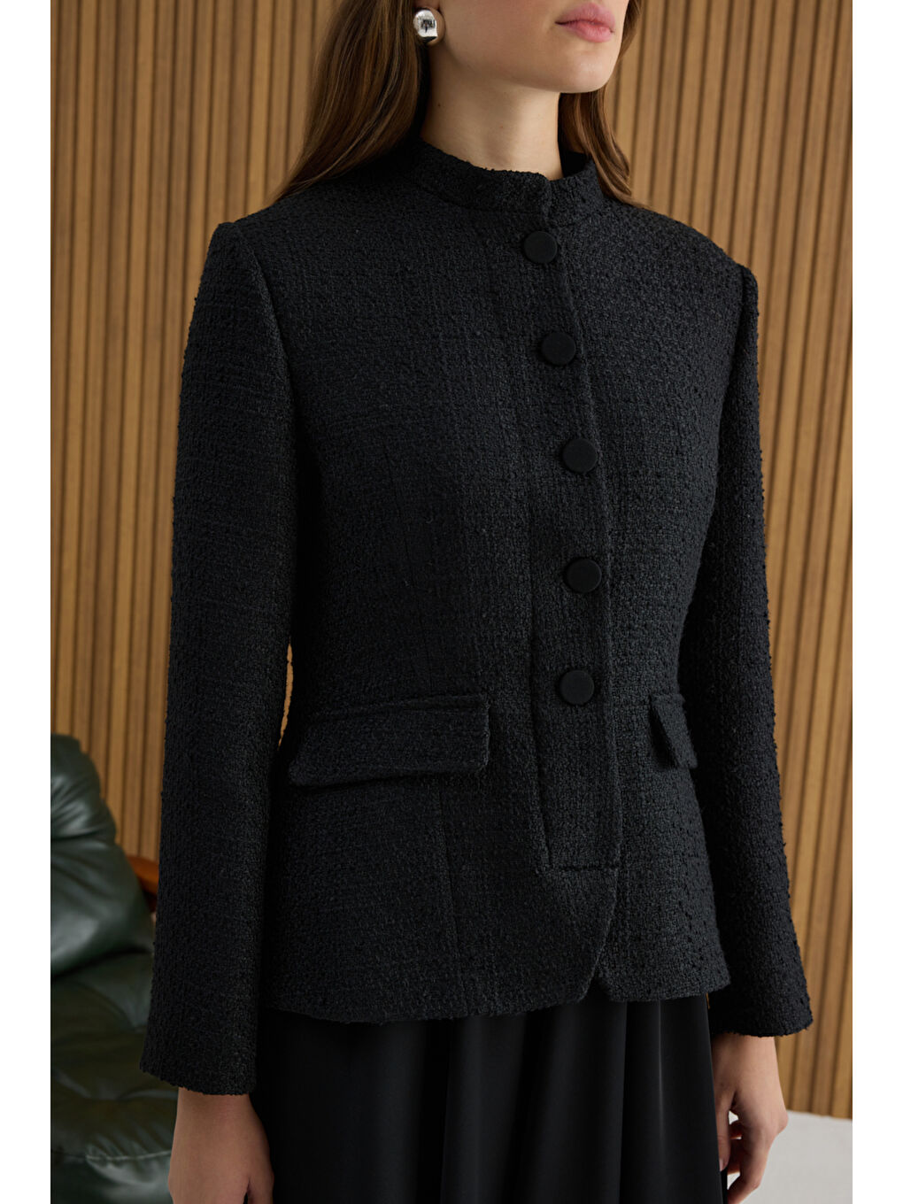 Siyah Tweed Ceket Görünümlü Crep Etekli Elbise-5