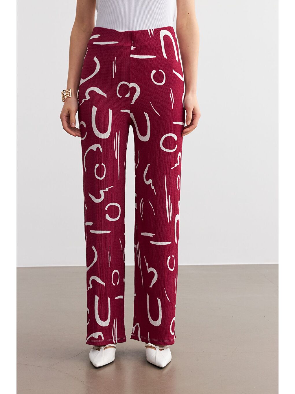 Kadın Bordo Desenli Boru Paça Pantolon