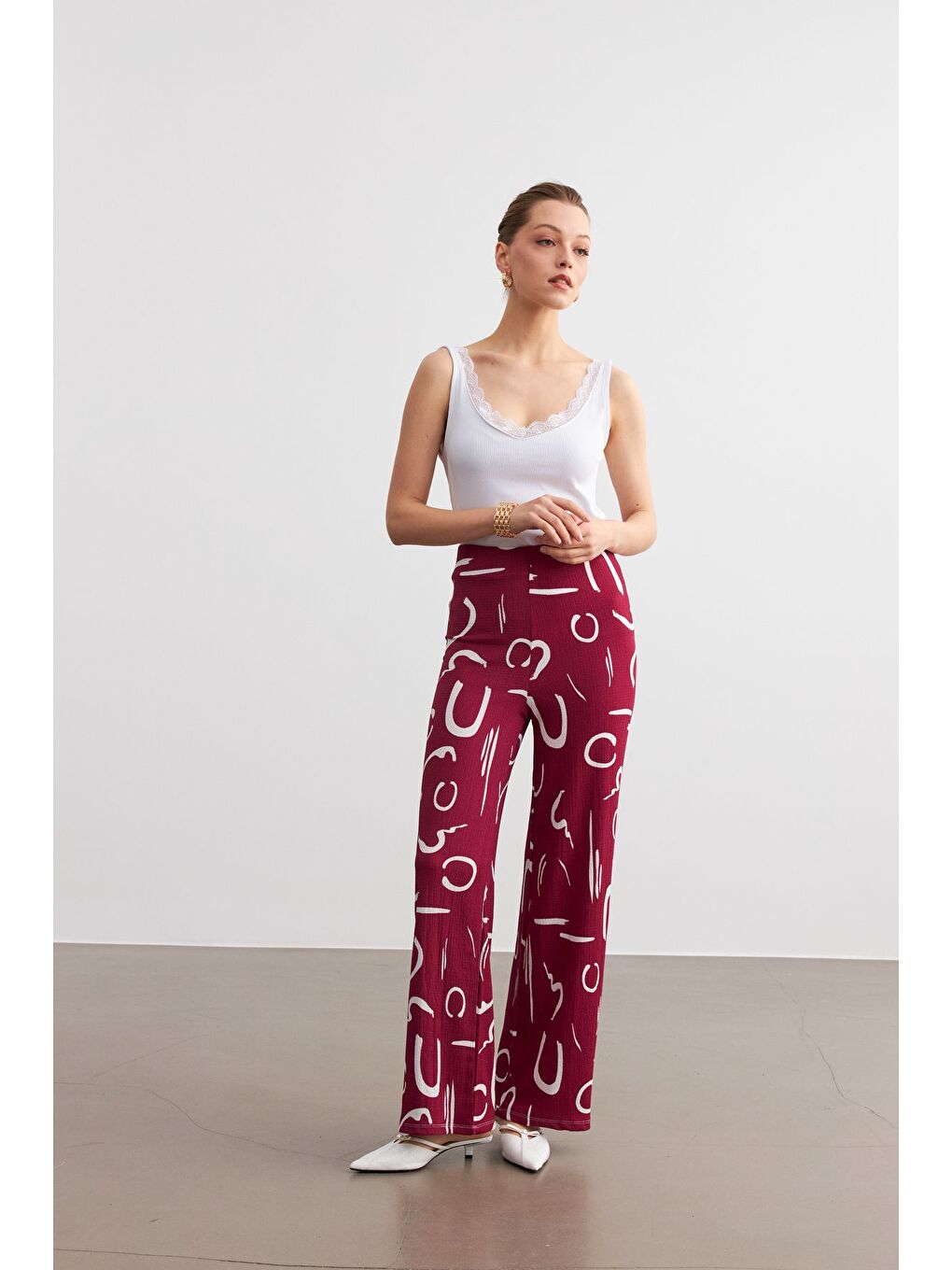 Kadın Bordo Desenli Boru Paça Pantolon-1