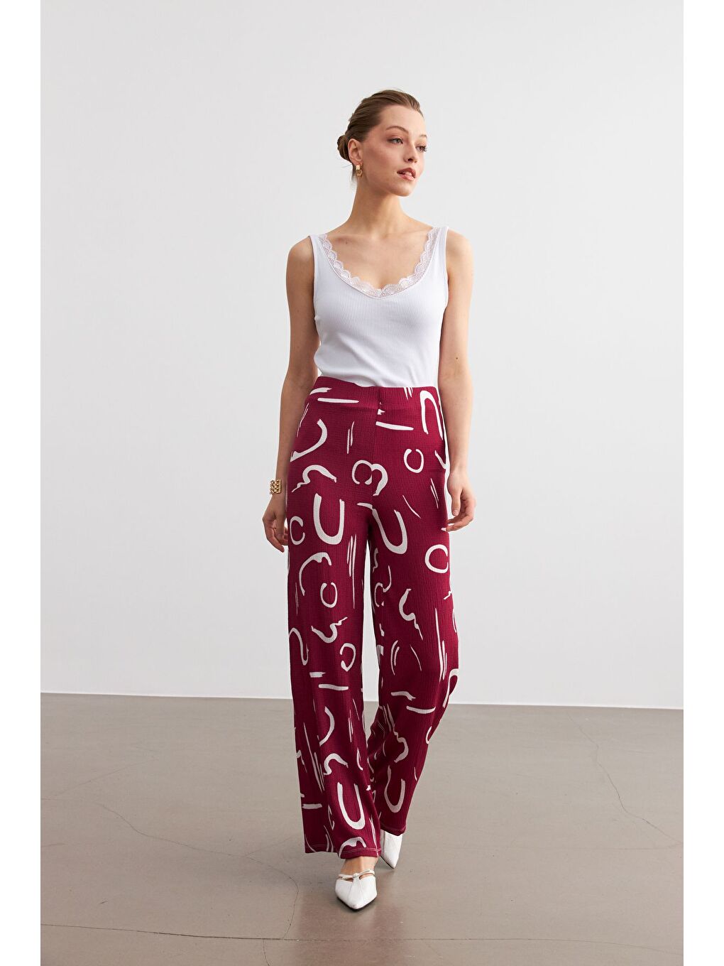 Kadın Bordo Desenli Boru Paça Pantolon-2
