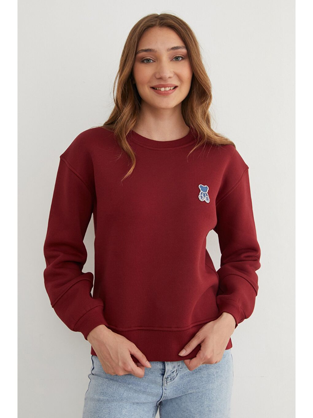 Bordo 3 İplik Taş İşlemeli Ayıcık Nakışlı Sweatshirt-2