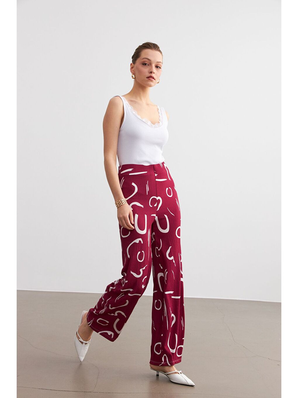 Kadın Bordo Desenli Boru Paça Pantolon-3