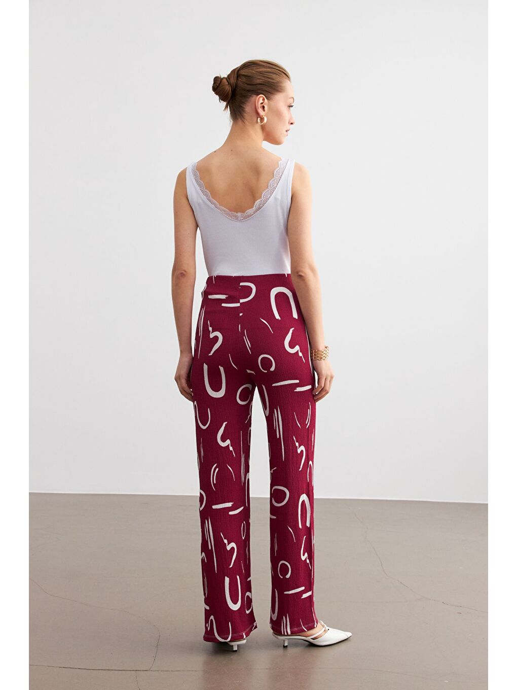 Kadın Bordo Desenli Boru Paça Pantolon-4