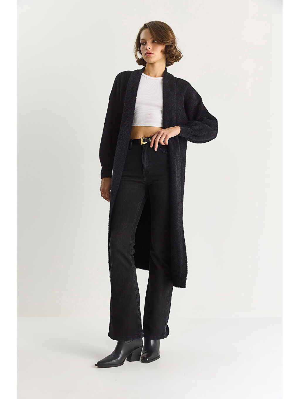 Siyah Kadın Şal Yaka Yumuşak Dokulu Sakallı Uzun Triko Yumoş Hırka TH-1