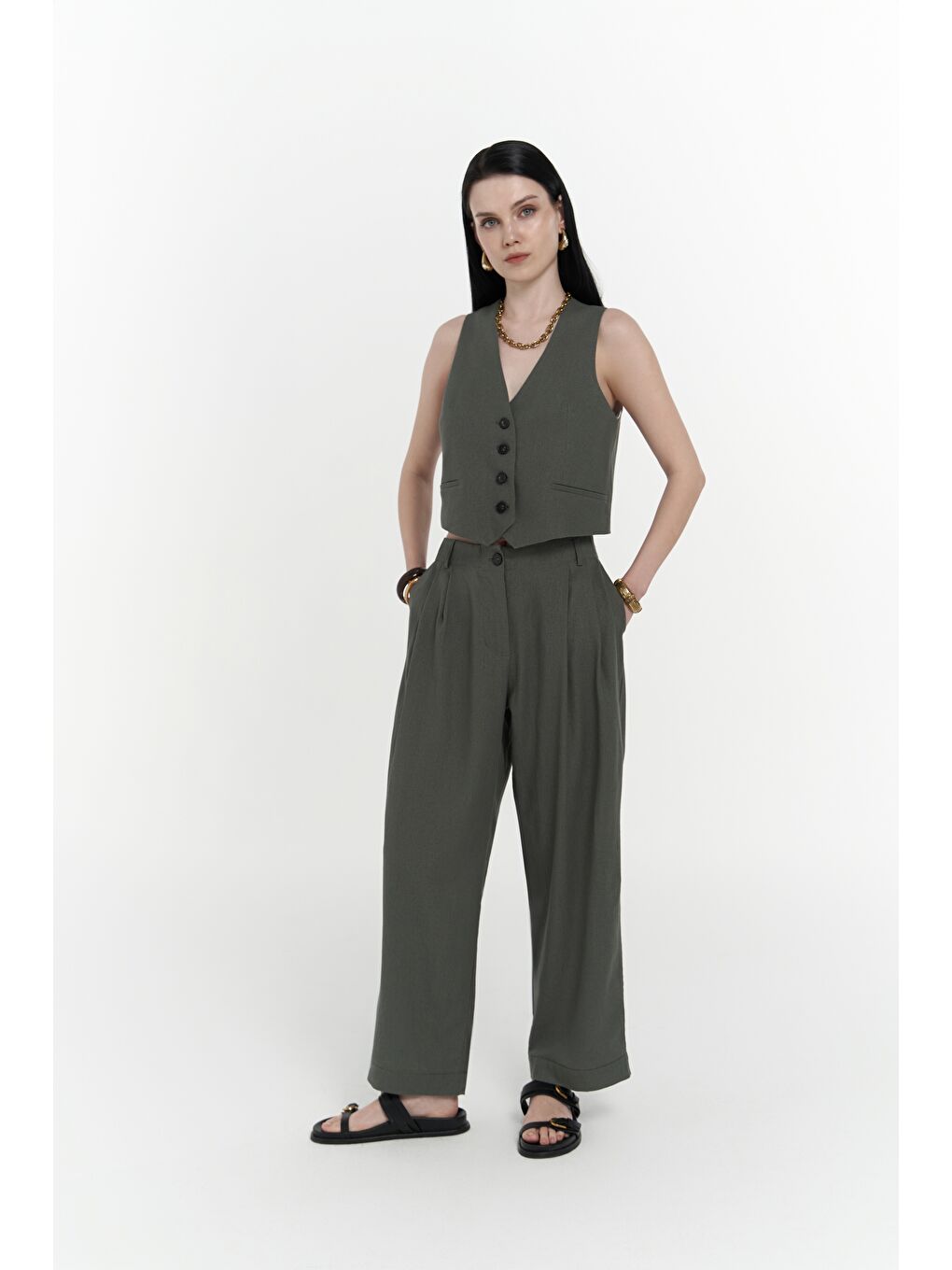 Anka Keten Yeşil Yelek Pantolon Takım-2