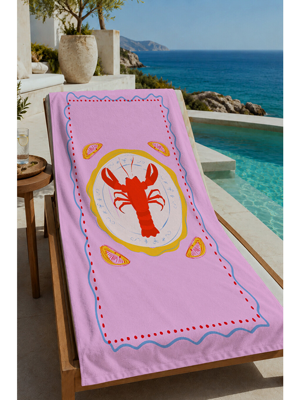 Gri Pembe Yaz Temalı Istakoz Ve Narenciye Desenli 70x150 Cm Dijital Baskılı Plaj Ve Banyo Havlusu