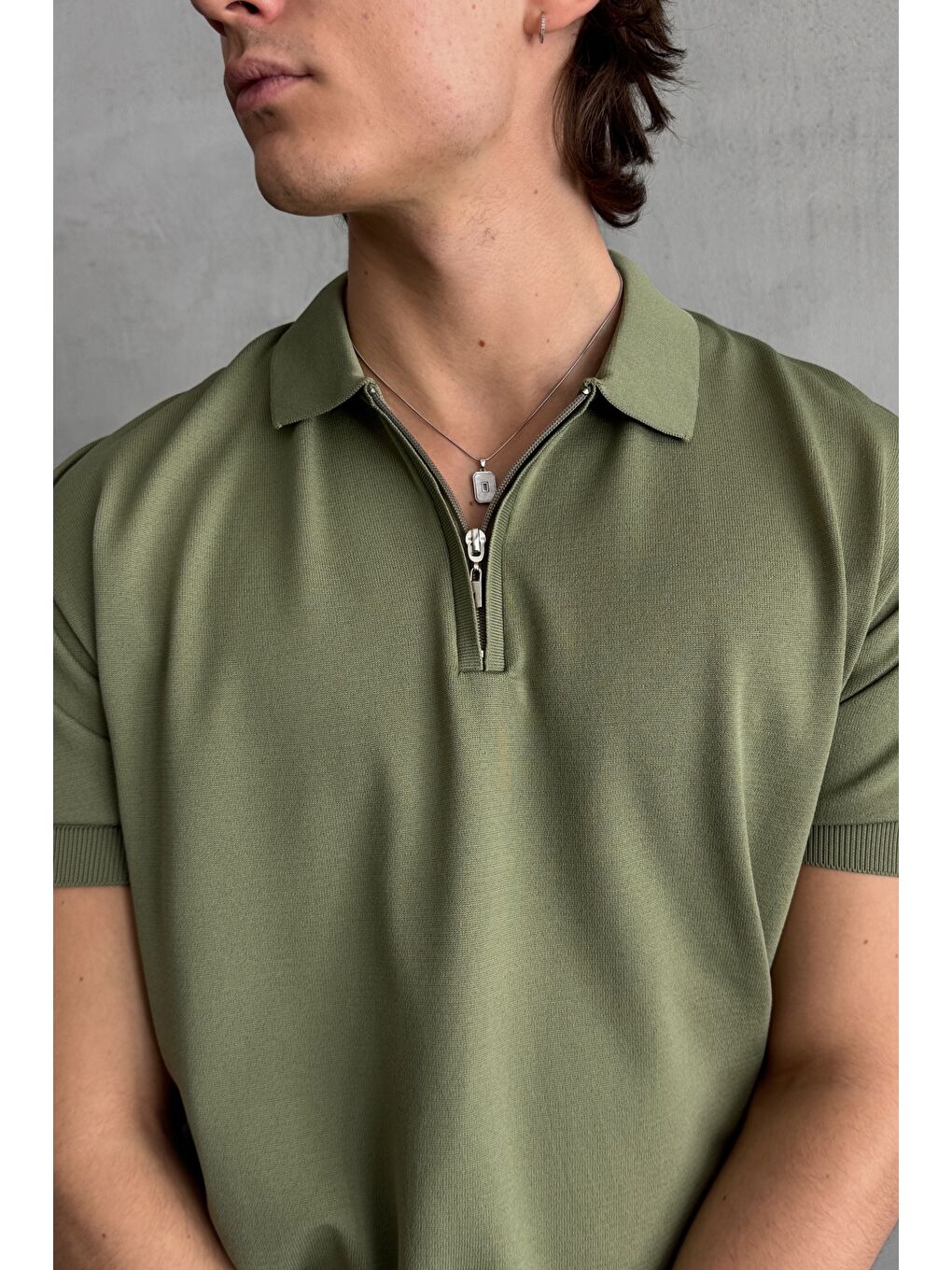 Haki Erkek Oversize Fermuarlı Polo Yaka Triko T-Shirt-1