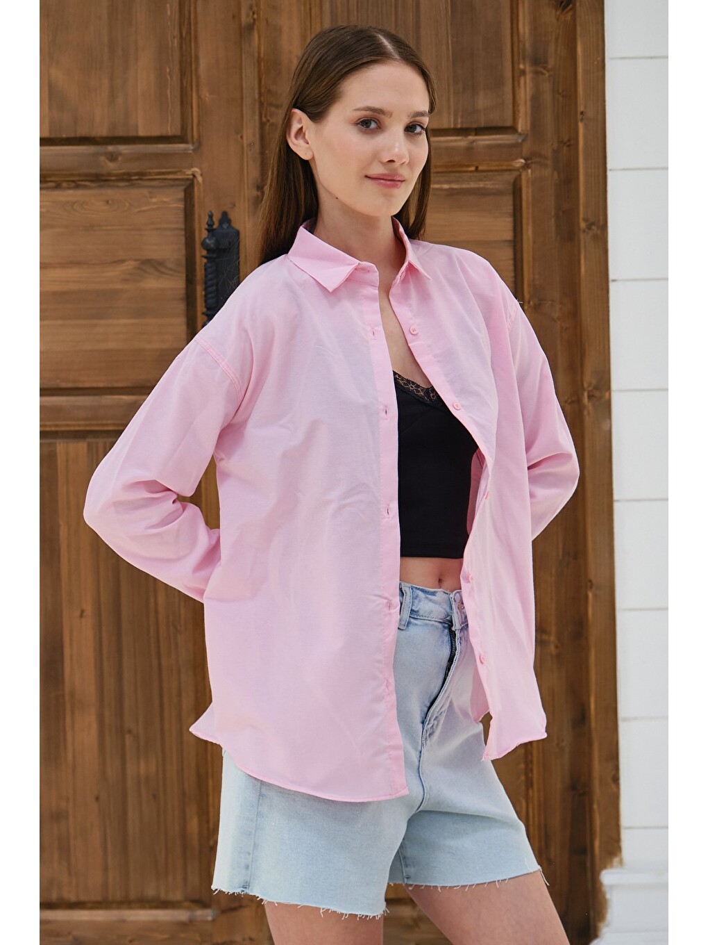 Pembe Kadın Oversize Gömlek Uzun Kollu Düğmeli Salaş Günlük Basic Gömlek