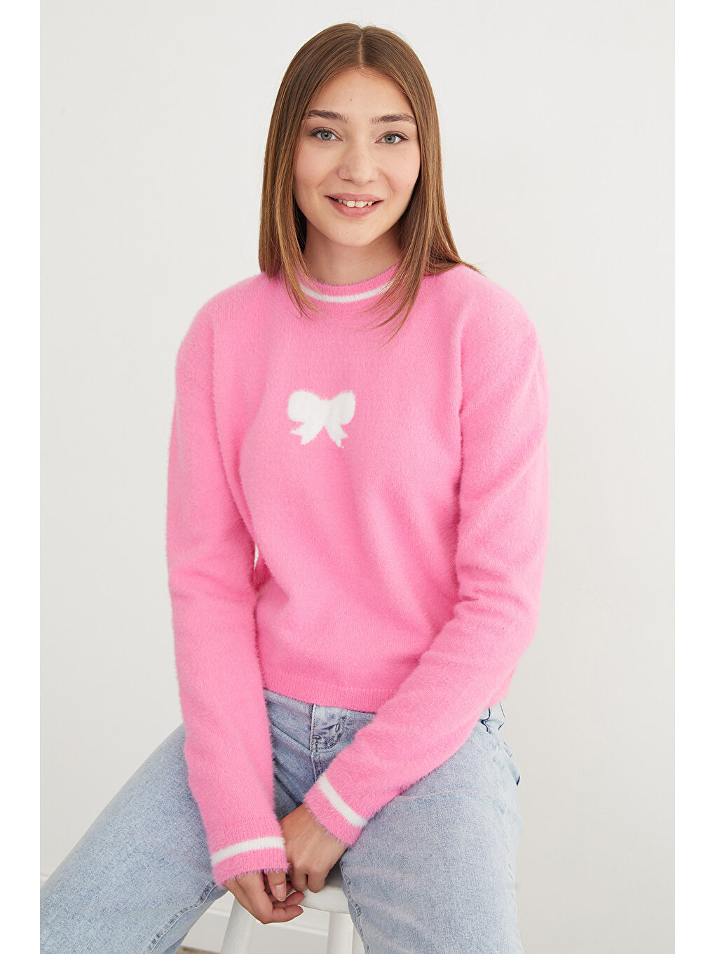 Pembe Kurdele Desenli Bisiklet Yaka Sakallı Kazak