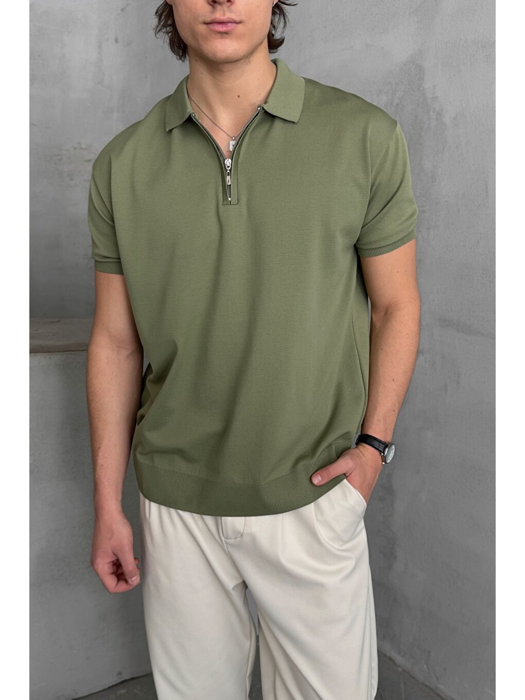 Haki Erkek Oversize Fermuarlı Polo Yaka Triko T-Shirt-2