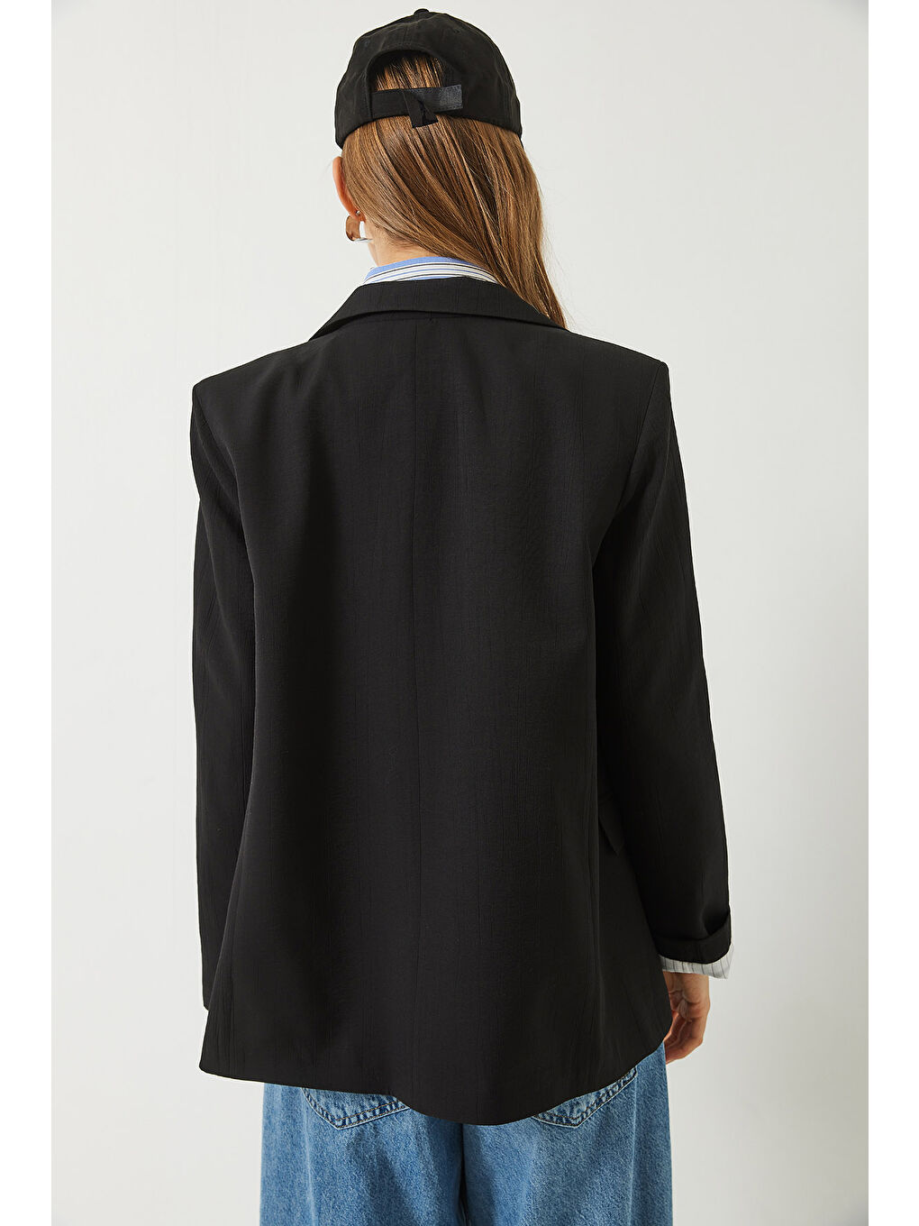 Siyah Kadın Vatkalı Astarı Çizgili Çilek Kumaş Blazer Ceket-7