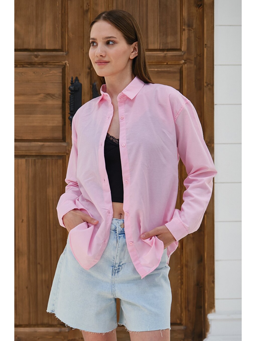 Pembe Kadın Oversize Gömlek Uzun Kollu Düğmeli Salaş Günlük Basic Gömlek-1