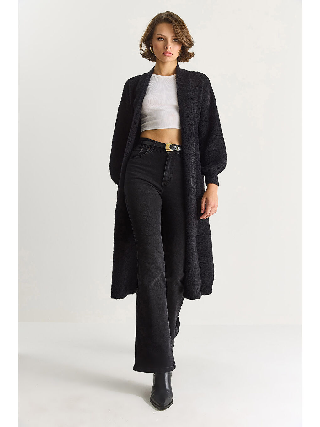 Siyah Kadın Şal Yaka Yumuşak Dokulu Sakallı Uzun Triko Yumoş Hırka TH-2