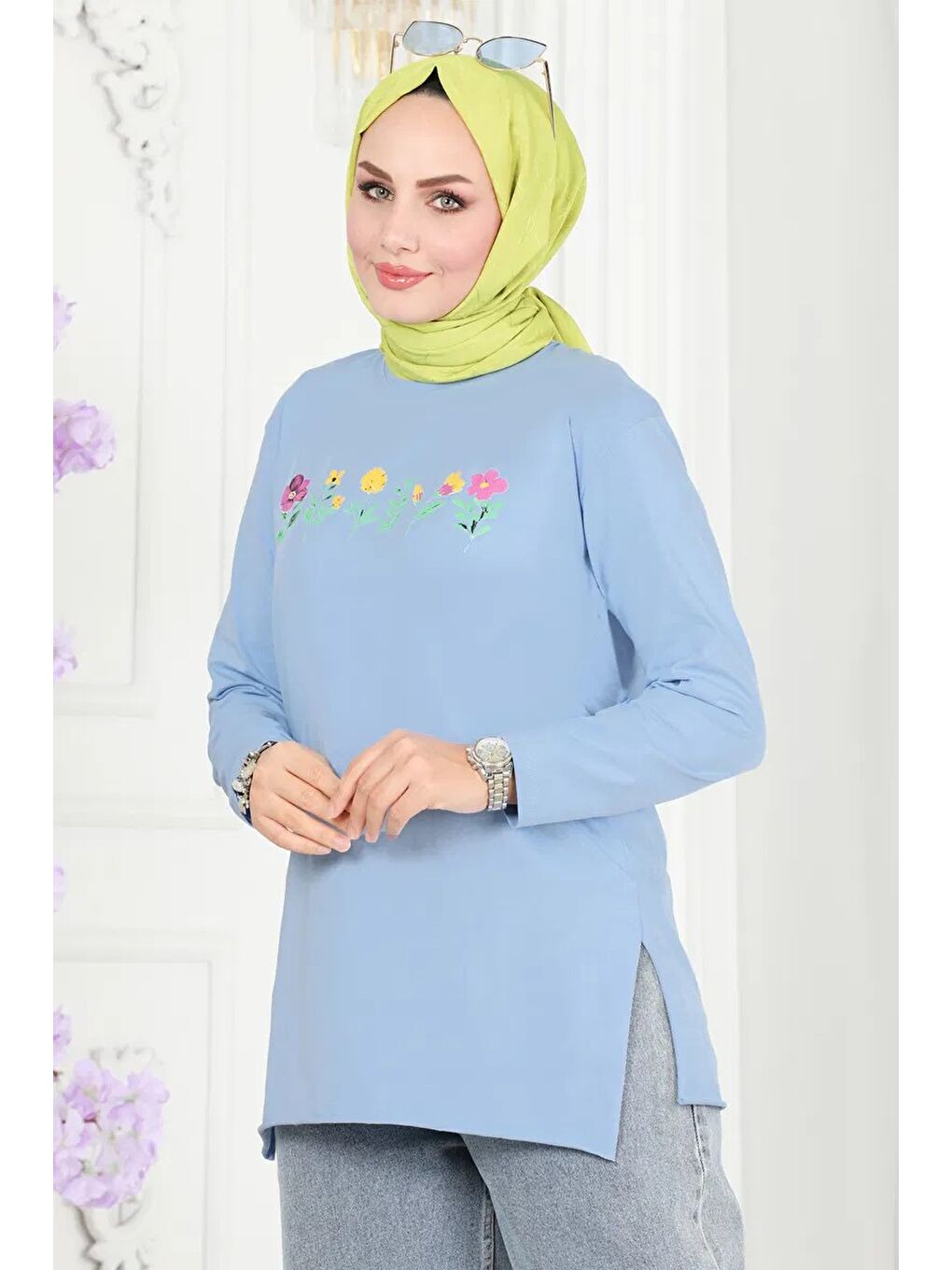 Kadın Bisiklet Yaka Çiçek Baskılı Tunik Mavi - 26628