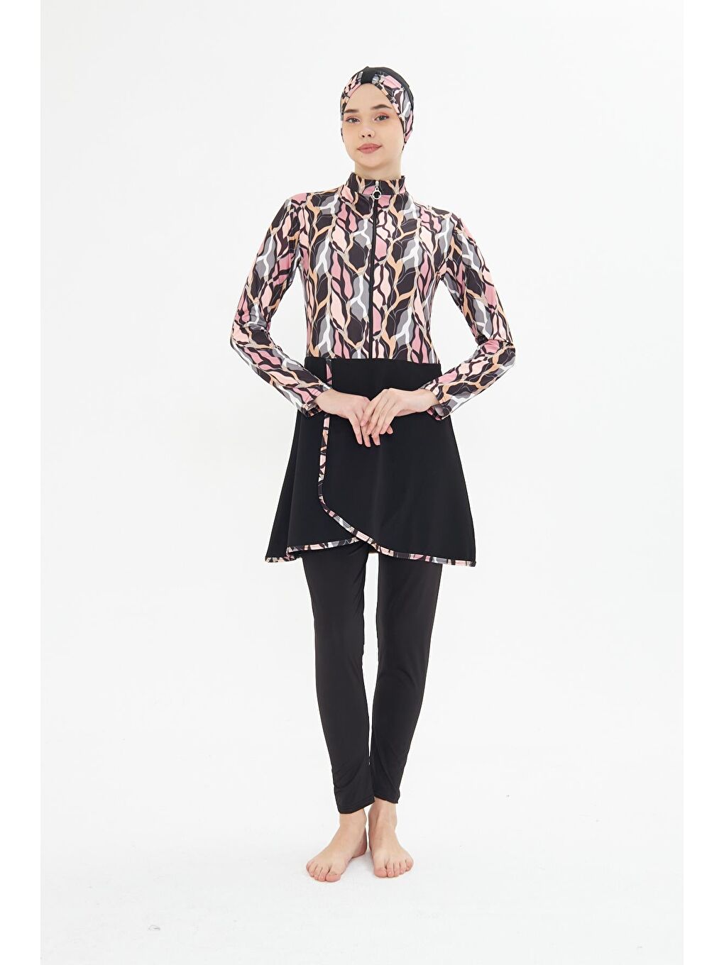 Tam Kapalı Elastanlı Desenli Etekli Tesettür Mayo Siyah 3481-S