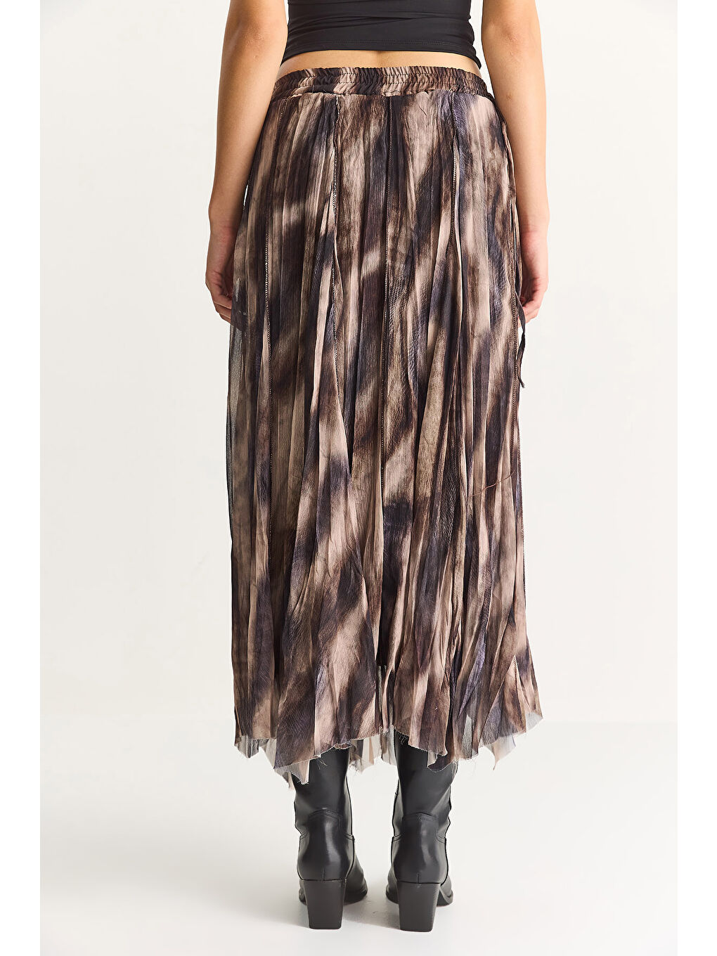 Kahverengi Kadın Desenli Asimetrik Kesim Astarlı Şifon Bohem Etek DE-7