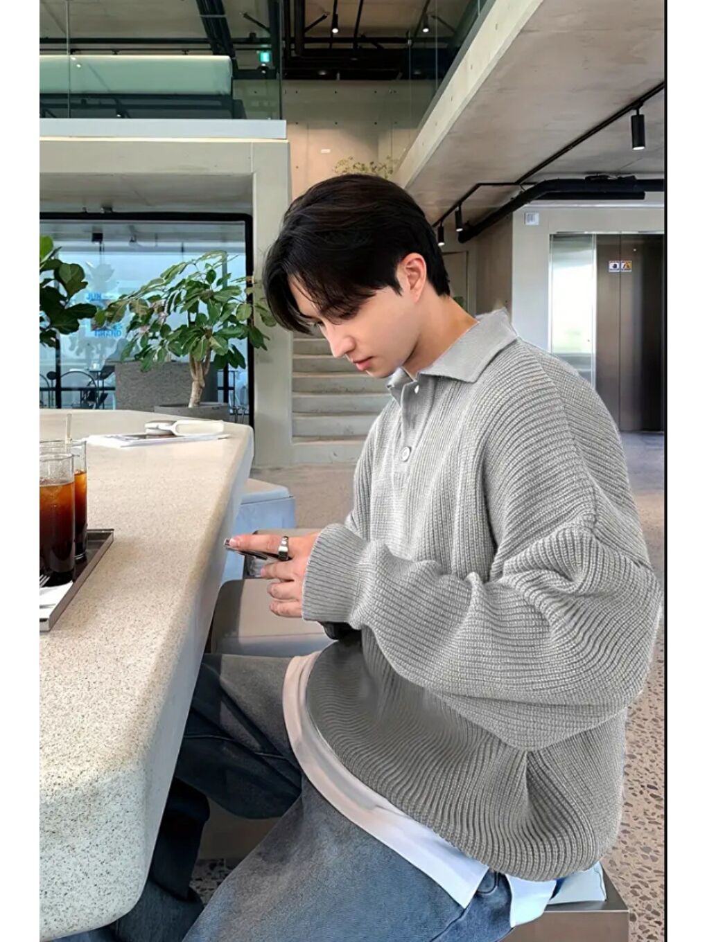 Gri Erkek Düğmeli Regular Polo Yaka Triko Kazak