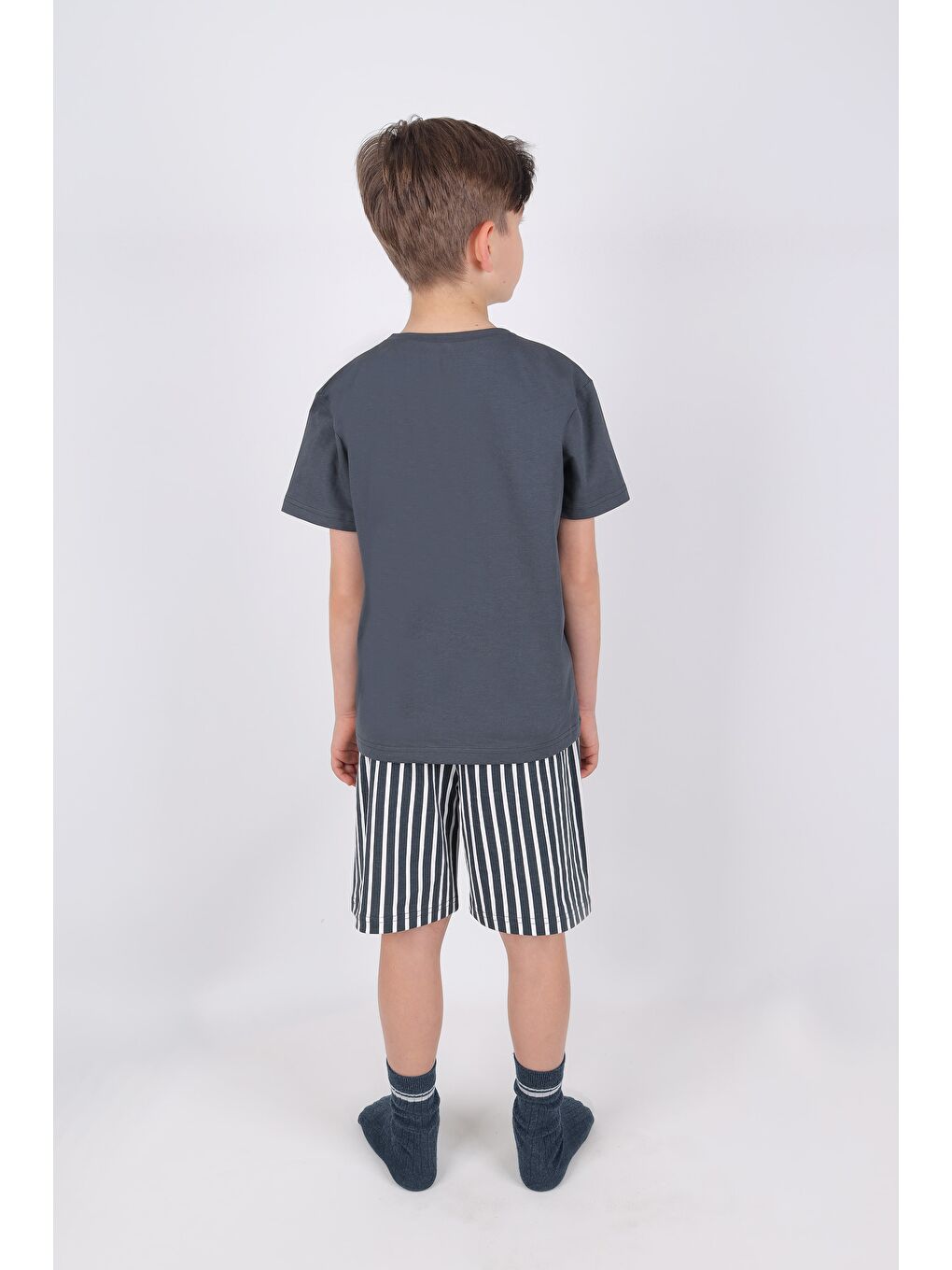 Gri Erkek Çocuk Pamuklu Kısa Kollu Üst Astronot Baskılı Alt Çizgili Şortlu Takım-3