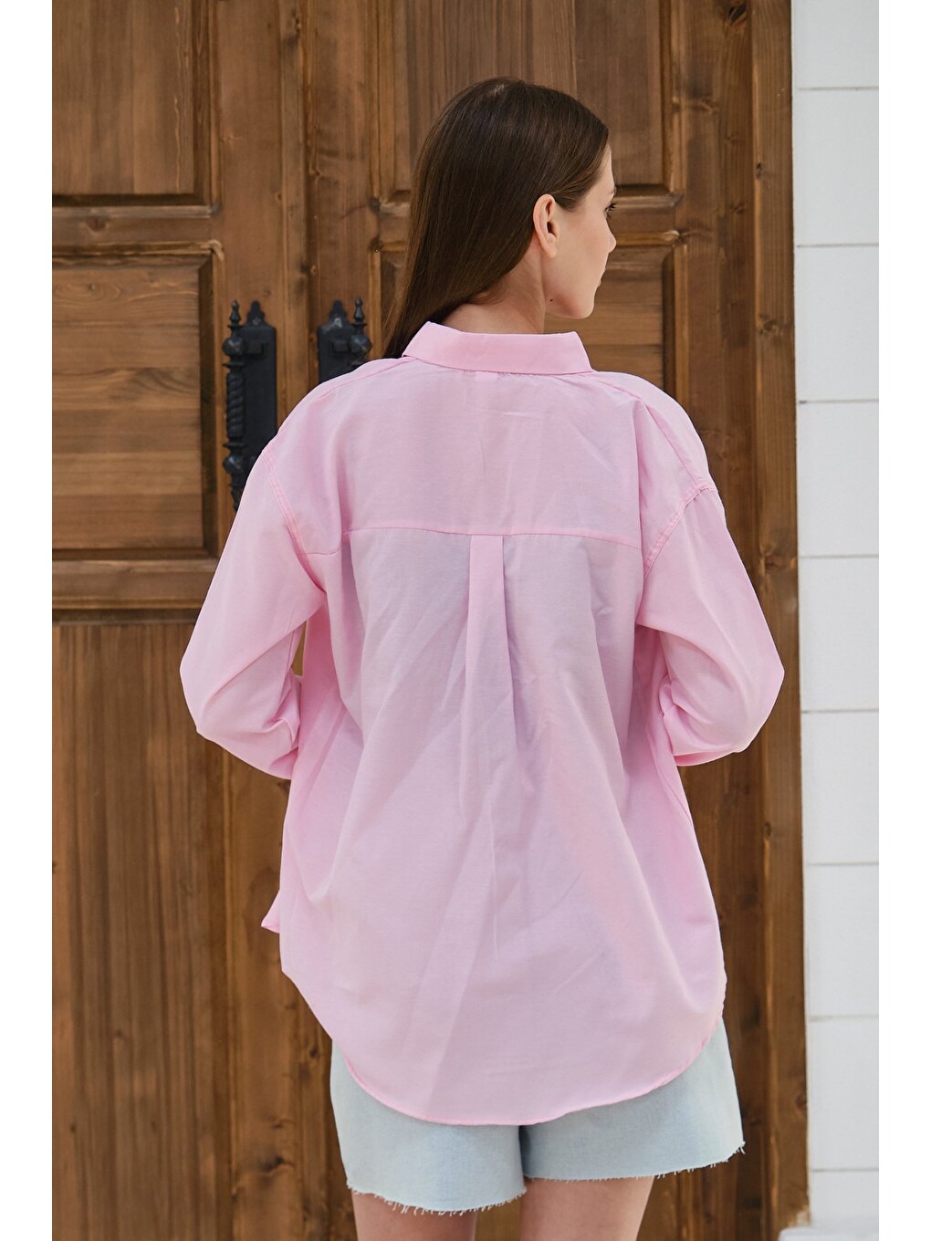 Pembe Kadın Oversize Gömlek Uzun Kollu Düğmeli Salaş Günlük Basic Gömlek-2