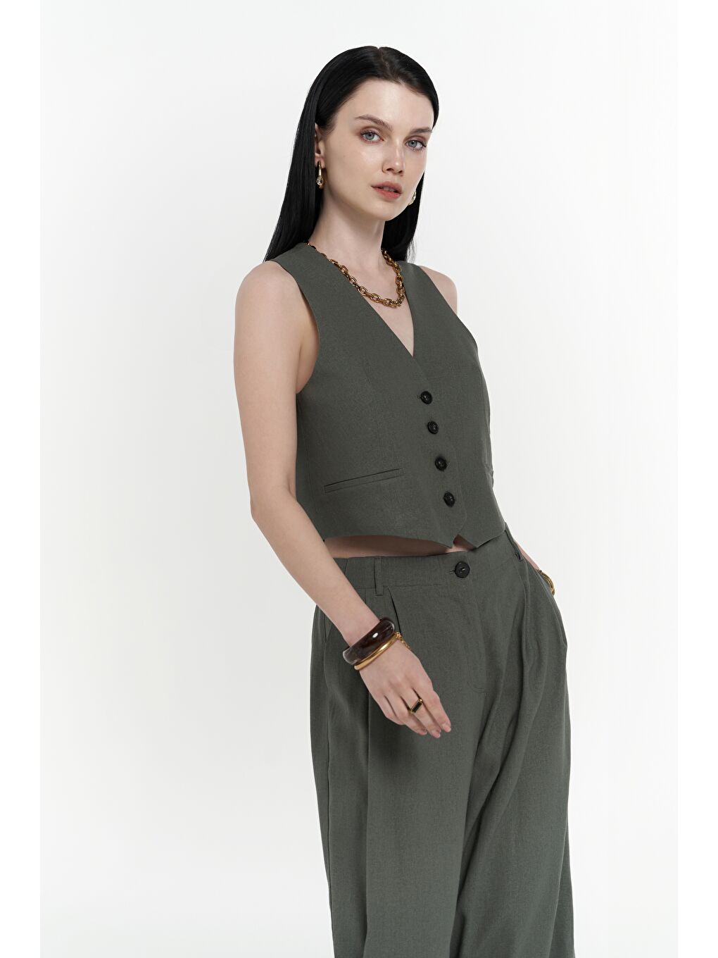 Anka Keten Yeşil Yelek Pantolon Takım-3