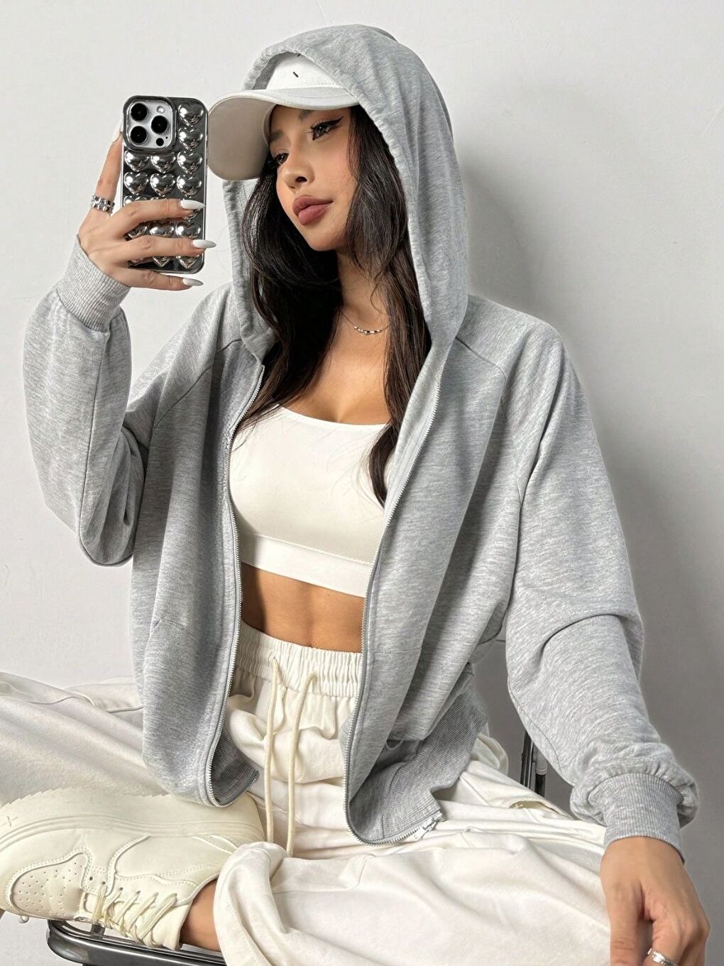 Kadın Gri Fermuarlı Rahat Kalıp Hırka Sweat