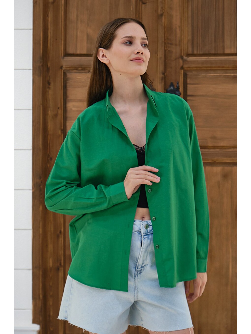 Yeşil Kadın Oversize Gömlek Uzun Kollu Düğmeli Salaş Günlük Basic Gömlek-1