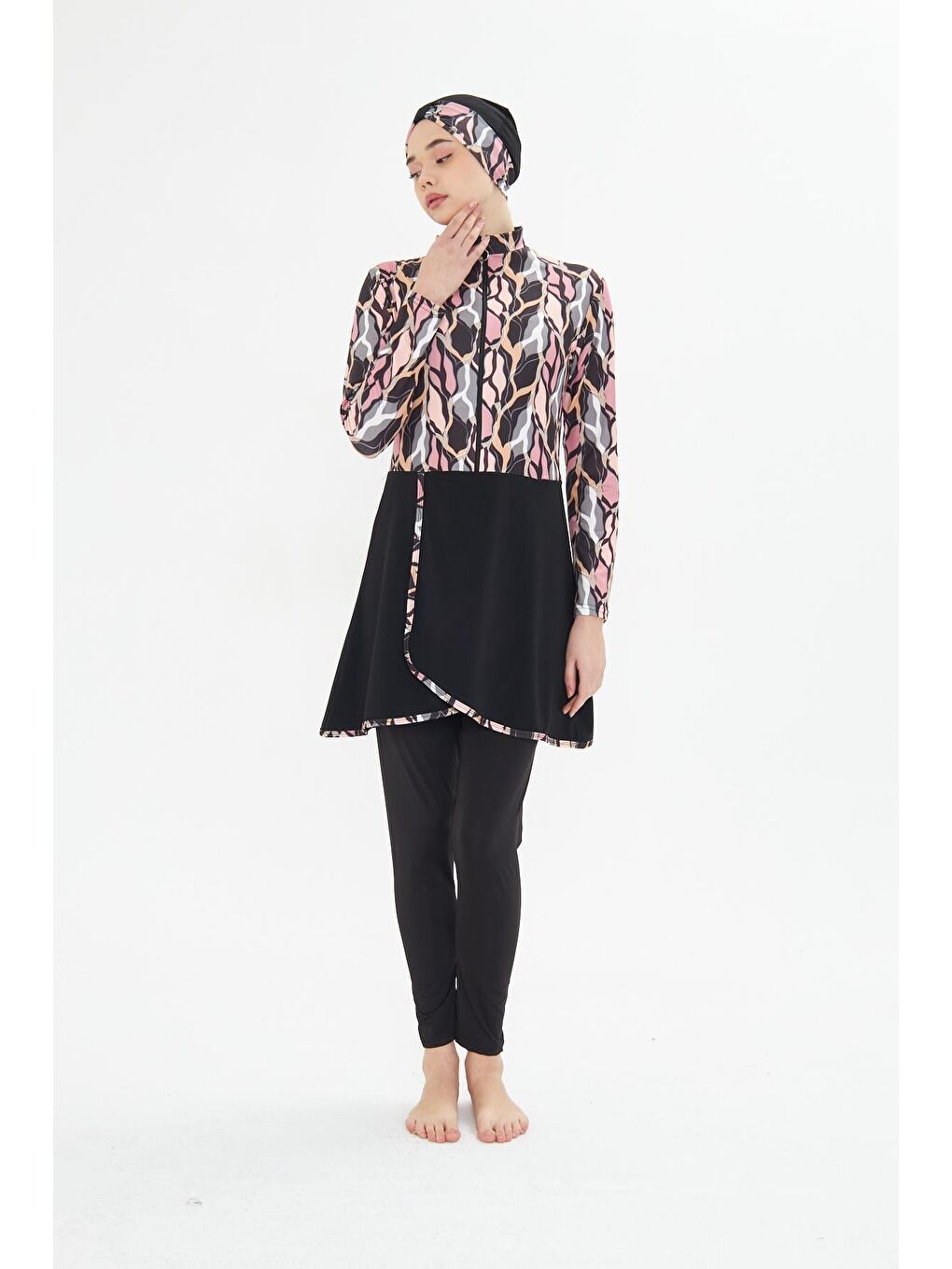 Tam Kapalı Elastanlı Desenli Etekli Tesettür Mayo Siyah 3481-S-1