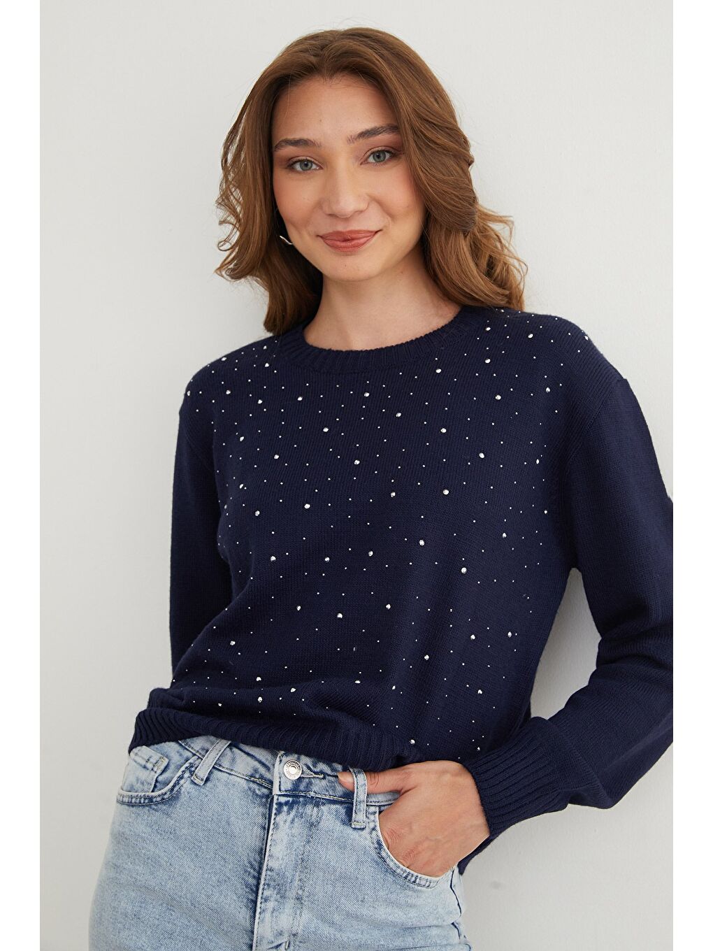 Lacivert Taşlı Bisiklet Yaka Triko Kazak