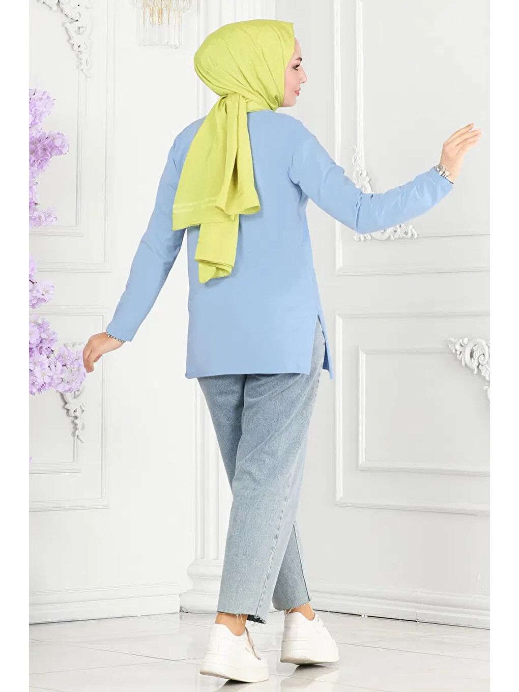 Kadın Bisiklet Yaka Çiçek Baskılı Tunik Mavi - 26628-2