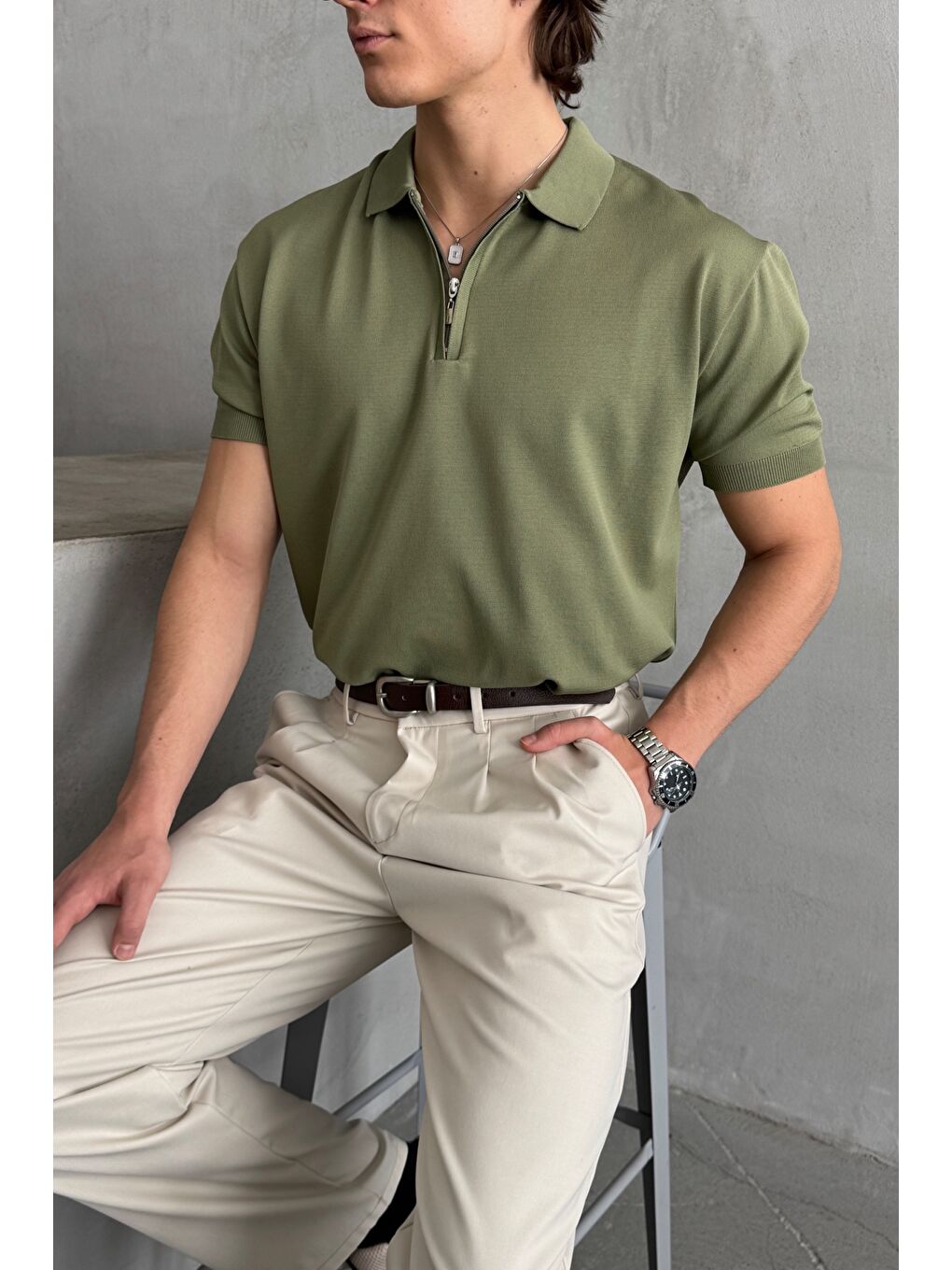 Haki Erkek Oversize Fermuarlı Polo Yaka Triko T-Shirt-3