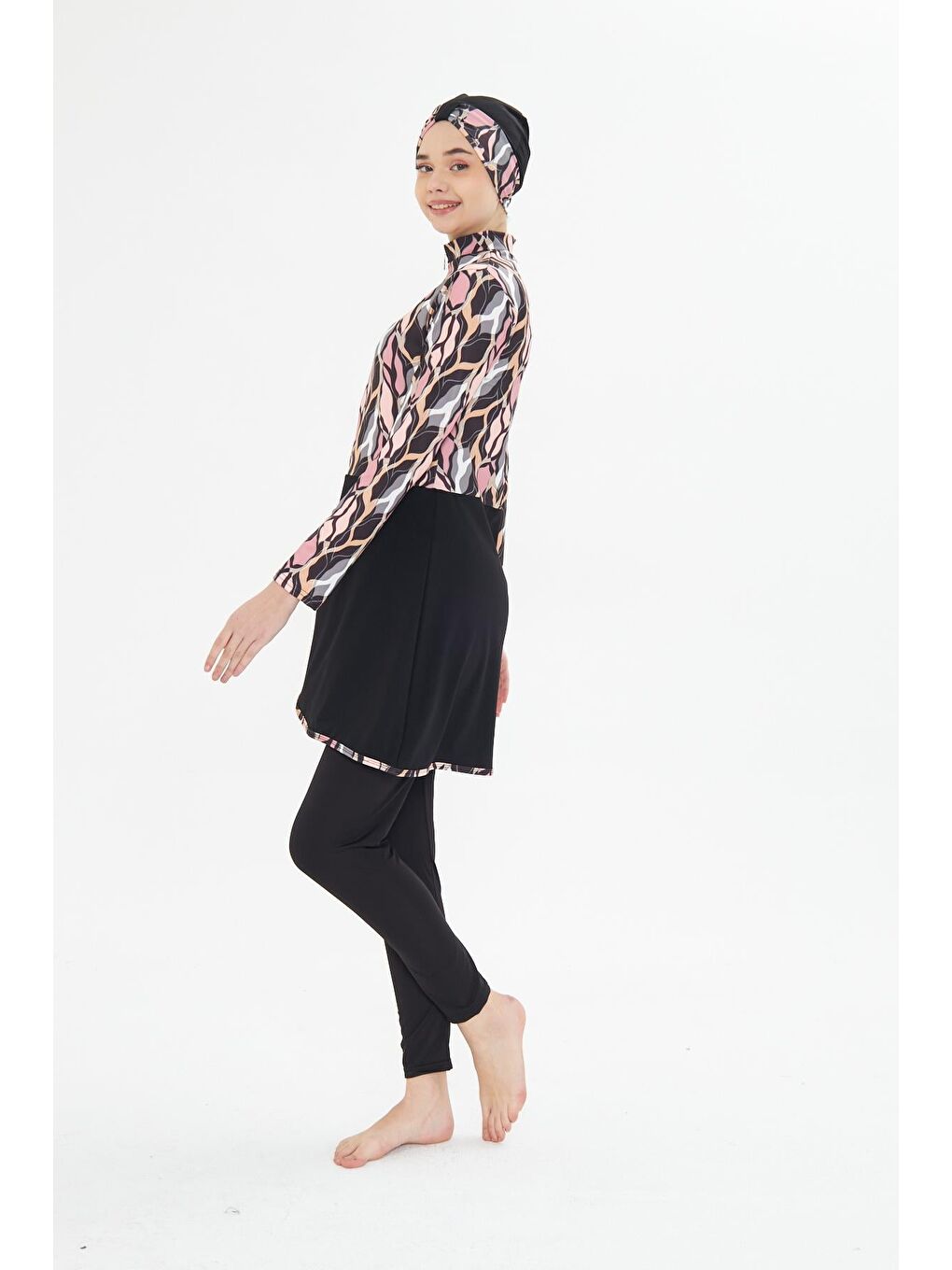 Tam Kapalı Elastanlı Desenli Etekli Tesettür Mayo Siyah 3481-S-2