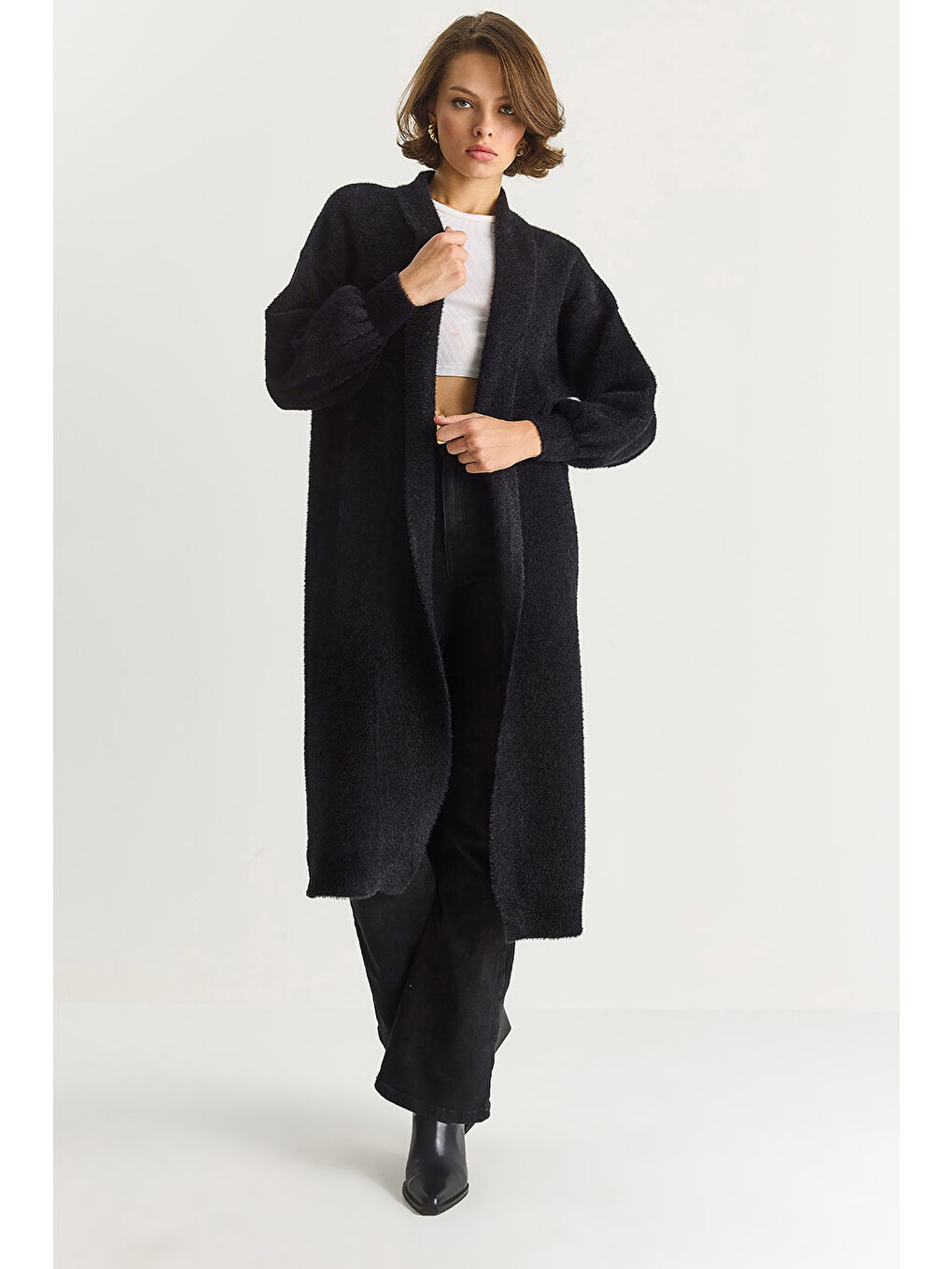 Siyah Kadın Şal Yaka Yumuşak Dokulu Sakallı Uzun Triko Yumoş Hırka TH-3