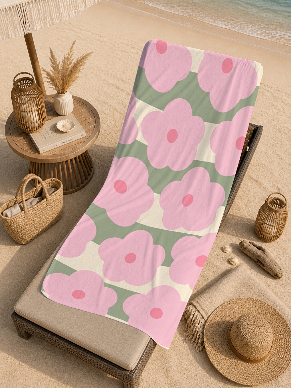 Pembe Yeşil Retro Büyük Çiçek Desenli 70x150 Cm Dijital Baskılı Plaj Ve Banyo Havlusu-4
