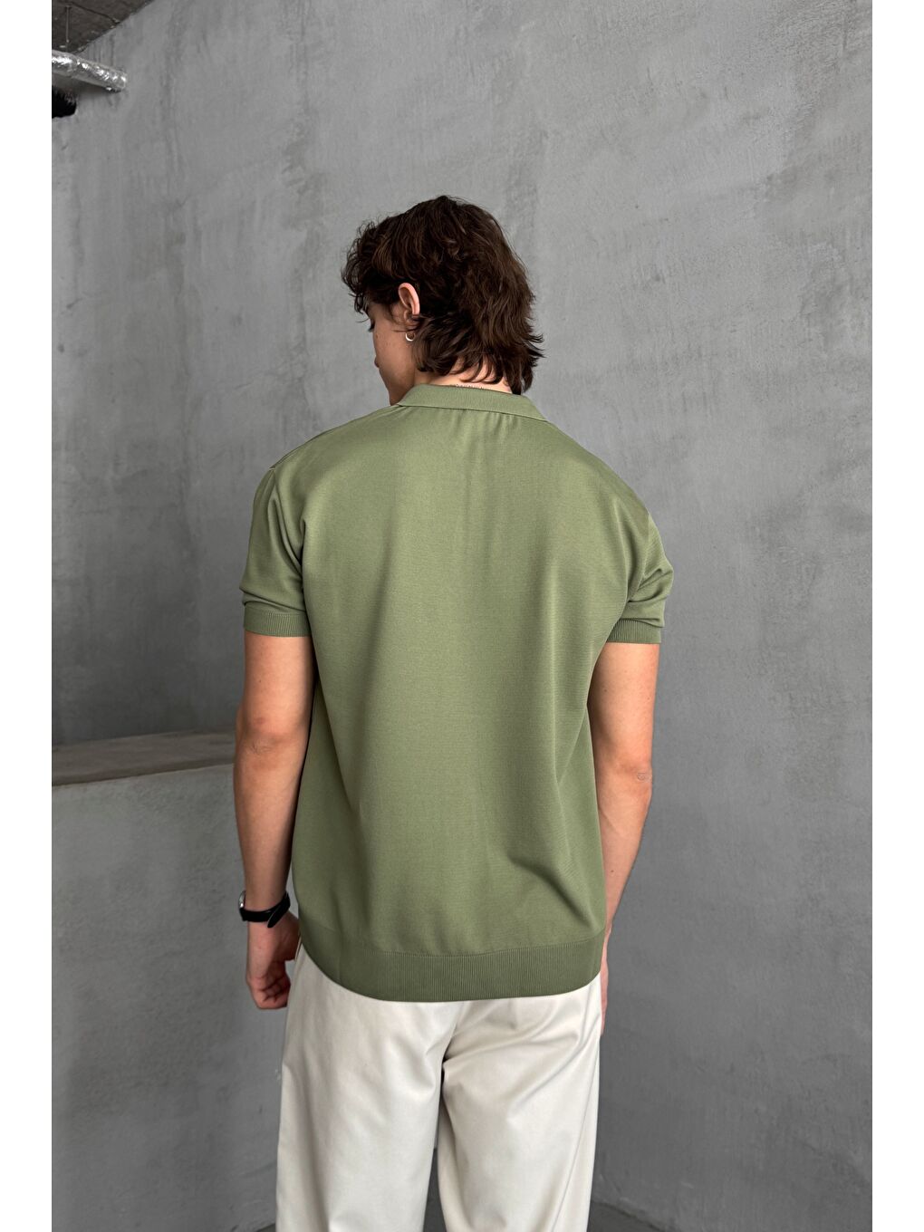 Haki Erkek Oversize Fermuarlı Polo Yaka Triko T-Shirt-4