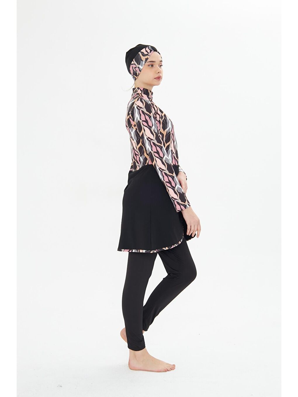 Tam Kapalı Elastanlı Desenli Etekli Tesettür Mayo Siyah 3481-S-4