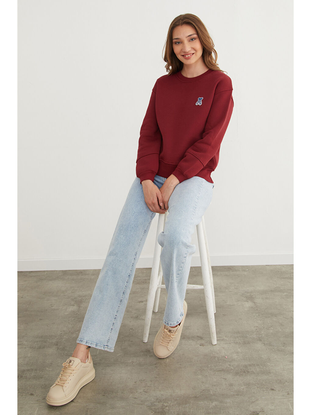 Bordo 3 İplik Taş İşlemeli Ayıcık Nakışlı Sweatshirt-3