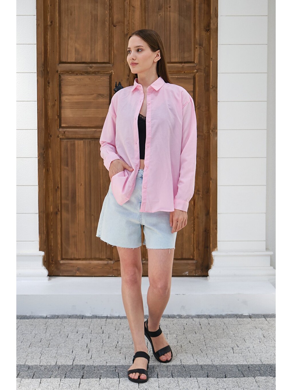 Pembe Kadın Oversize Gömlek Uzun Kollu Düğmeli Salaş Günlük Basic Gömlek-4