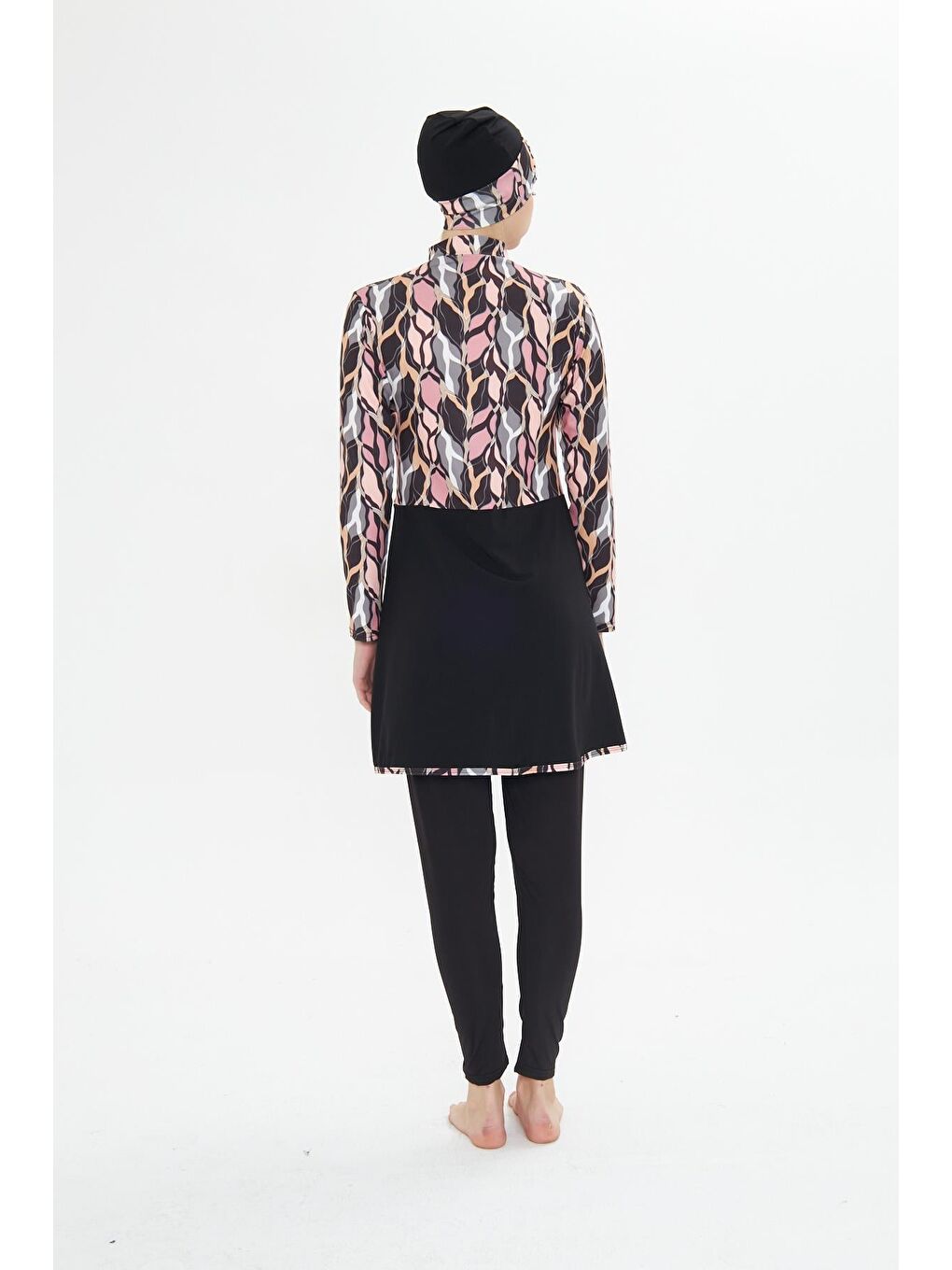 Tam Kapalı Elastanlı Desenli Etekli Tesettür Mayo Siyah 3481-S-5